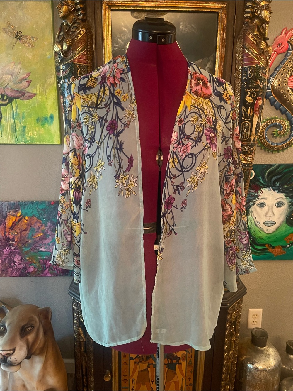iris Floral Sheer Kimono Jacket in Light Gray, Yellow, Purple, Pink